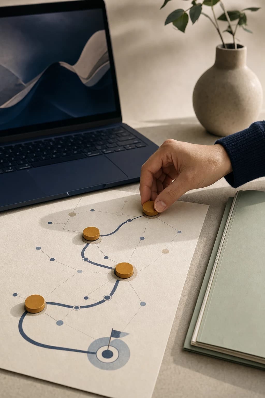 A hand placing an ochre marker on a structured launch roadmap