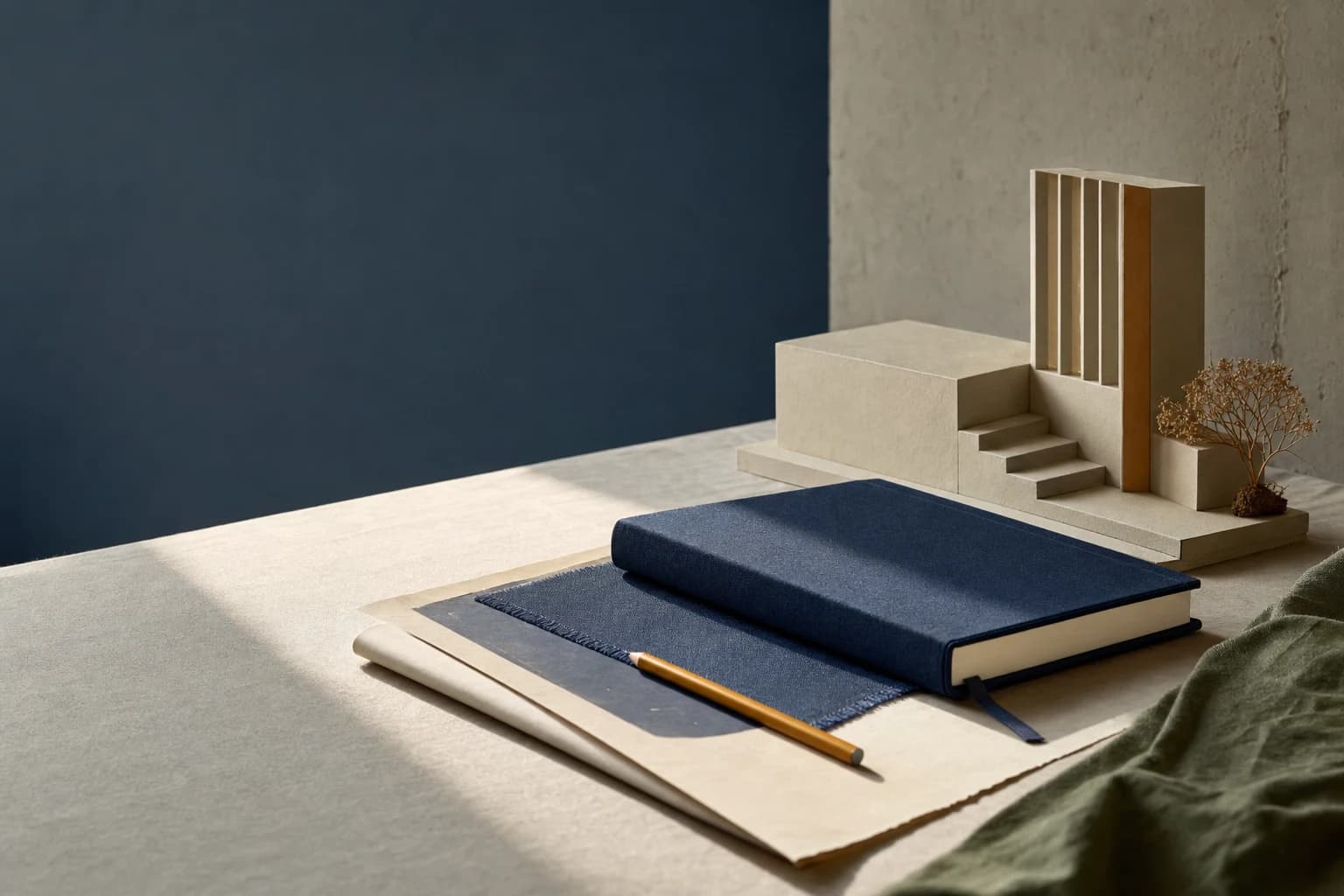 A deep navy launch notebook and ochre pencil on a quiet studio table